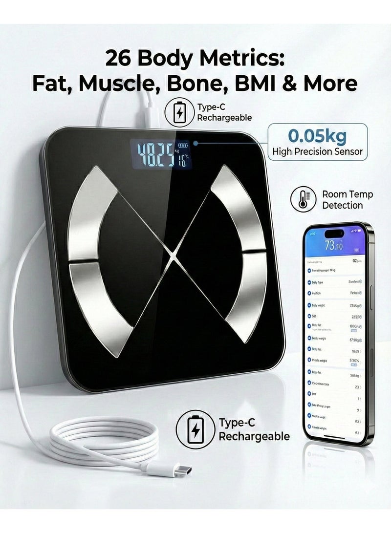 Yaqeen Smart Body Fat Scale Rechargeable Type-C with 26 Body Composition Metrics High Precision 50g Sensor Bluetooth App Monitor for BMI/Weight/Fat Black - Image 1